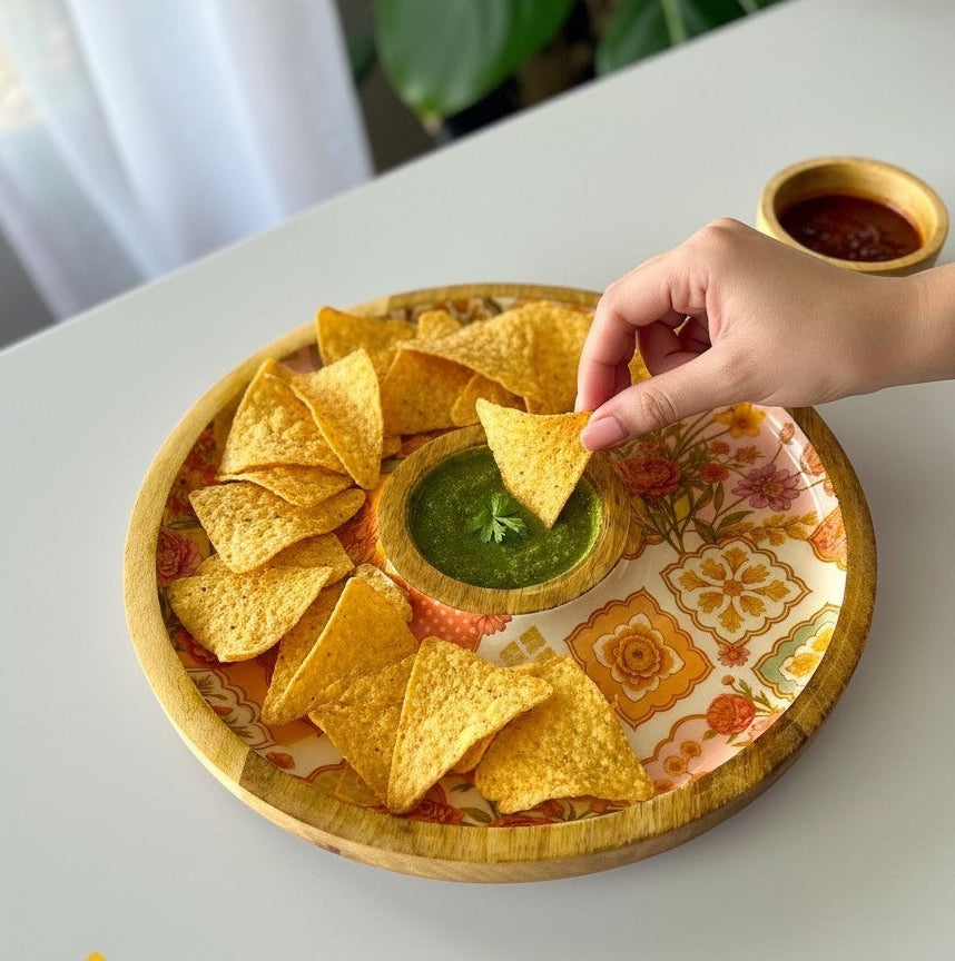 Wooden Serving Chip & Dip Platter with a Bowl