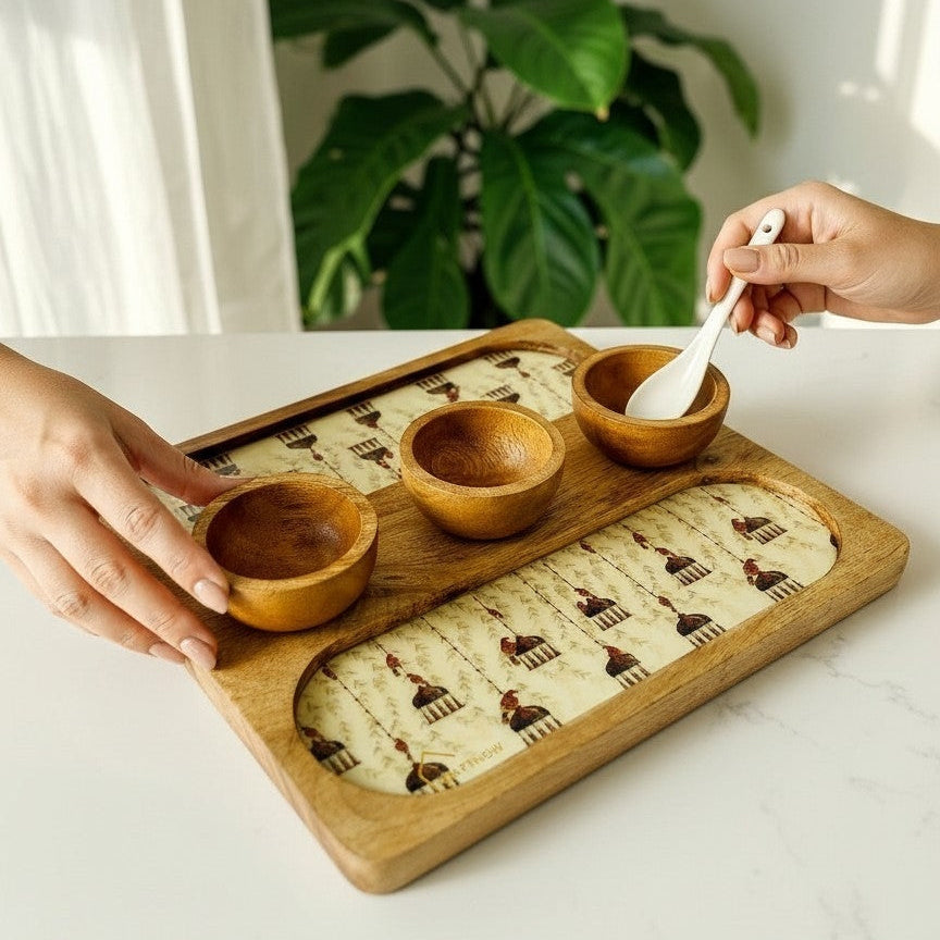 Wooden Serving 2 Sided Platter with 3 Dip Bowls