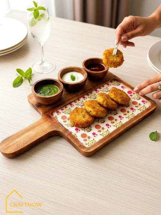 Wooden Serving Platter with 3 Bowls