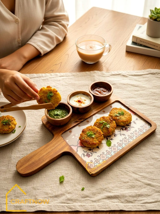 Wooden Serving Platter with 3 Bowls