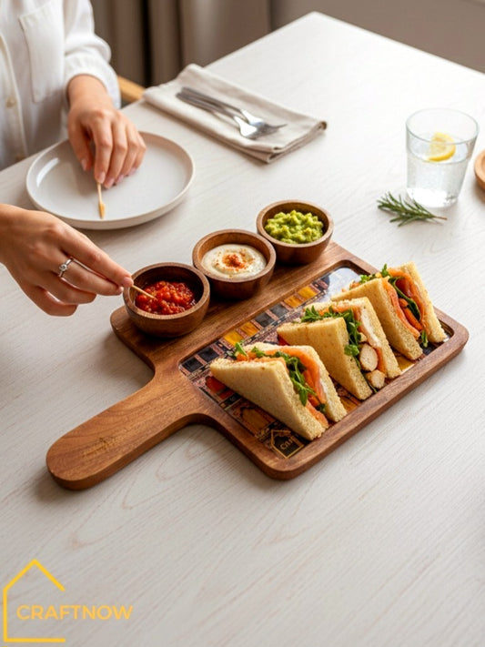 Wooden Serving Platter with 3 Bowls