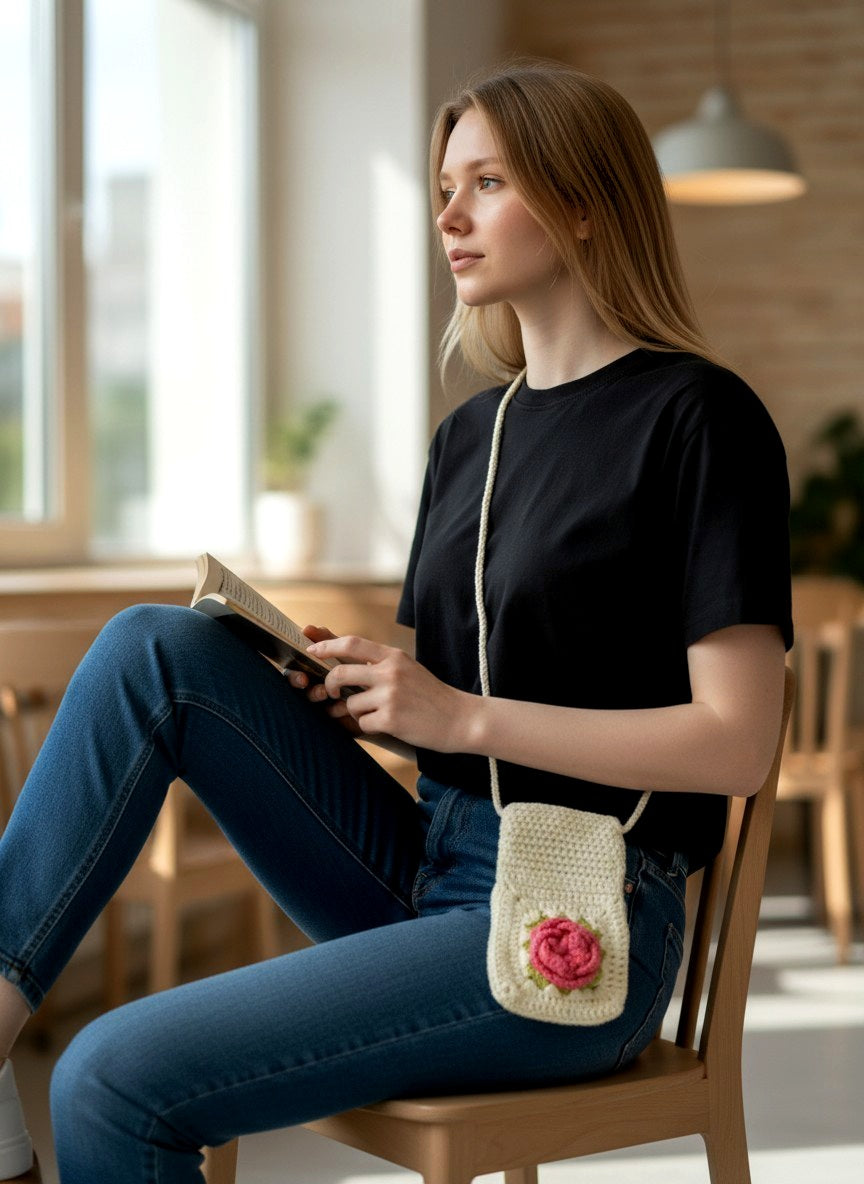 Pinteresty Crochet Rose Mobile Sling Bag