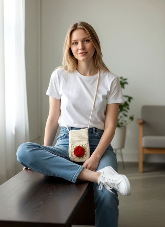 Pinteresty Crochet Rose Mobile Sling Bag