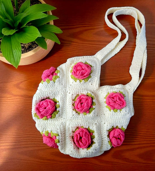 Pinteresty Crochet Pink Rose Bag