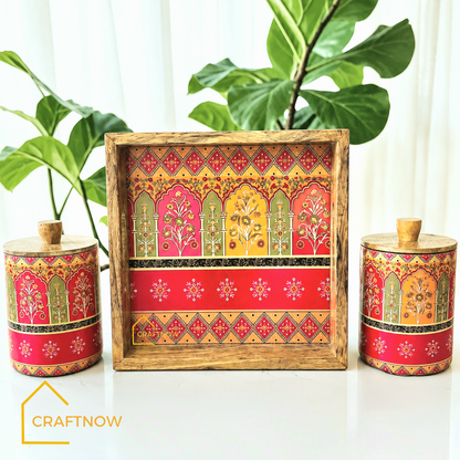 Premium Wooden Air Tight Jar Set of 2 with Wooden Tray